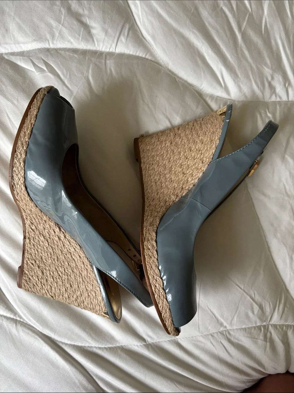 Michael Kors Slate Blue Patent Peep-Toe Slingback Wedges - Picture 3 of 5